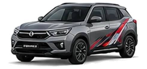 Ssangyong Korando Commercial in Platinum Grey with custom van vinyl graphics, front three-quarter view.
