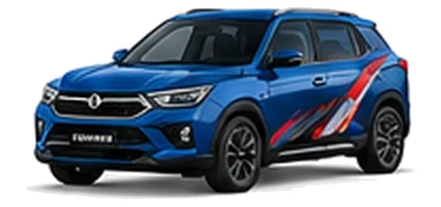 Ssangyong Korando Commercial in Atlantic Blue with custom van vinyl graphics, front three-quarter view.