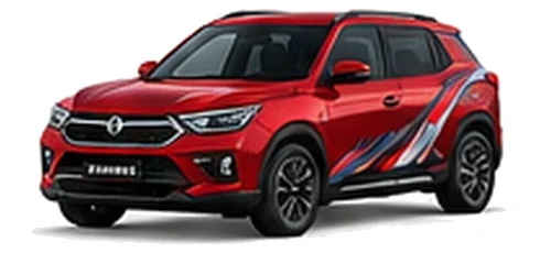 Ssangyong Korando Commercial in Cherry Red with custom van vinyl graphics, front three-quarter view.