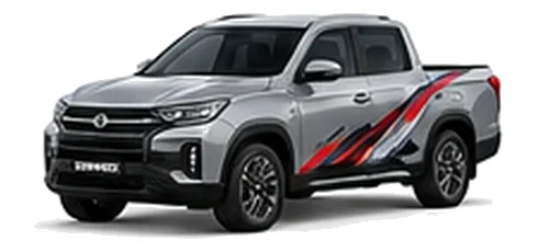 Ssangyong Musso in Silent Silver with custom van vinyl graphics, front three-quarter view.