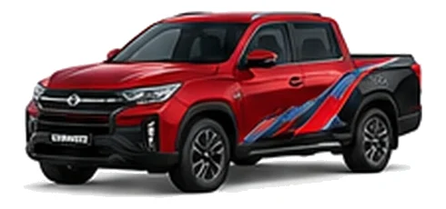 Ssangyong Musso in Cherry Red with custom van vinyl graphics, front three-quarter view.