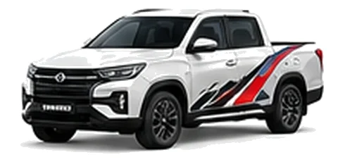 Ssangyong Musso Saracen in Grand White with custom van vinyl graphics, front three-quarter view.