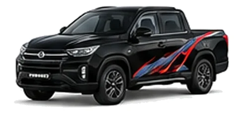 Ssangyong Musso Saracen in Space Black with custom van vinyl graphics, front three-quarter view.