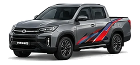 Ssangyong Musso Saracen in Platinum Grey with custom van vinyl graphics, front three-quarter view.