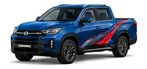 Ssangyong Musso Saracen in Atlantic Blue with custom van vinyl graphics, front three-quarter view.