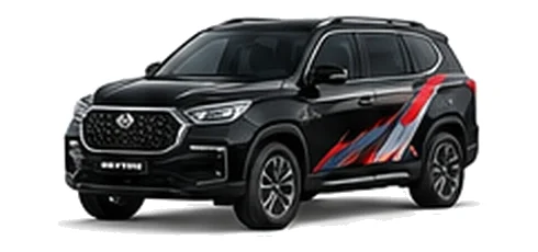 Ssangyong Rexton Commercial in Space Black with custom van vinyl graphics, front three-quarter view.