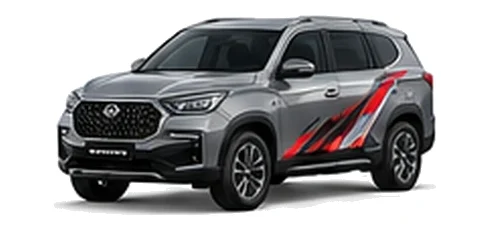 Ssangyong Rexton Commercial in Platinum Grey with custom van vinyl graphics, front three-quarter view.