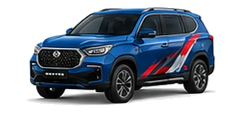 Ssangyong Rexton Commercial in Atlantic Blue with custom van vinyl graphics, front three-quarter view.