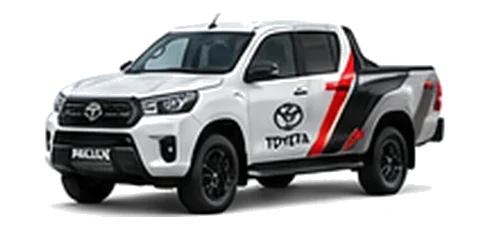 Toyota Hilux in white with custom van vinyl graphics, front three-quarter view.