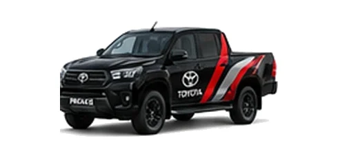 Toyota Hilux in black with custom van vinyl graphics, front three-quarter view.