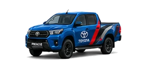 Toyota Hilux in blue with custom van vinyl graphics, front three-quarter view.