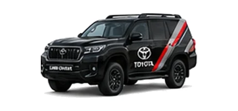 Toyota Land Cruiser Commercial in black with custom van vinyl graphics, front three-quarter view.