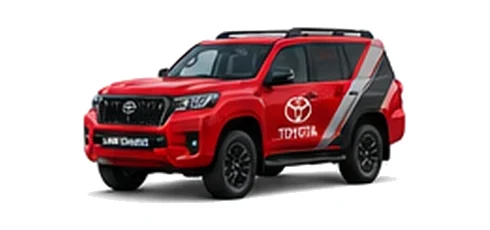 Toyota Land Cruiser Commercial in red with custom van vinyl graphics, front three-quarter view.