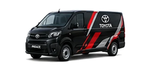 Toyota Proace in black with custom van vinyl graphics, front three-quarter view.