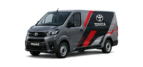 Toyota Proace in grey with custom van vinyl graphics, front three-quarter view.