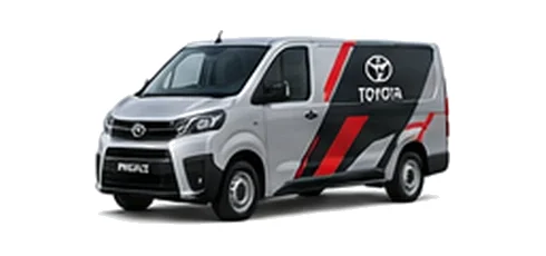 Toyota Proace in silver with custom van vinyl graphics, front three-quarter view.