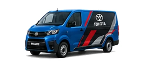 Toyota Proace in blue with custom van vinyl graphics, front three-quarter view.