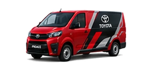 Toyota Proace in red with custom van vinyl graphics, front three-quarter view.