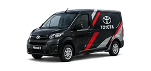Toyota Proace City in black with custom van vinyl graphics, front three-quarter view.