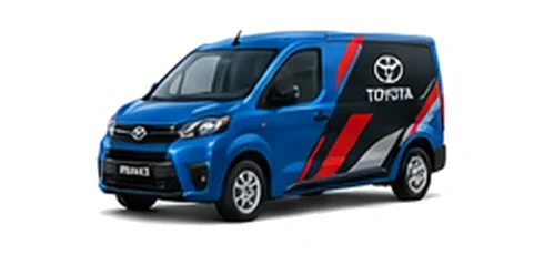 Toyota Proace City in blue with custom van vinyl graphics, front three-quarter view.