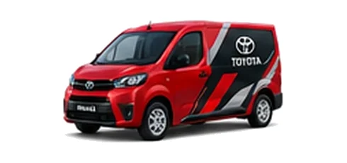 Toyota Proace City in red with custom van vinyl graphics, front three-quarter view.