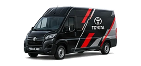 Toyota Proace Max in black with custom van vinyl graphics, front three-quarter view.