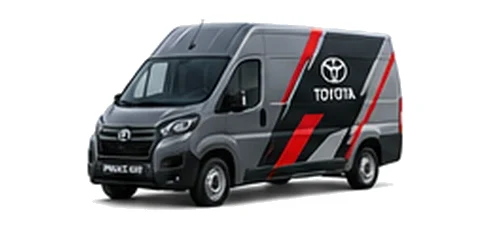 Toyota Proace Max in grey with custom van vinyl graphics, front three-quarter view.