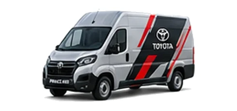 Toyota Proace Max in silver with custom van vinyl graphics, front three-quarter view.