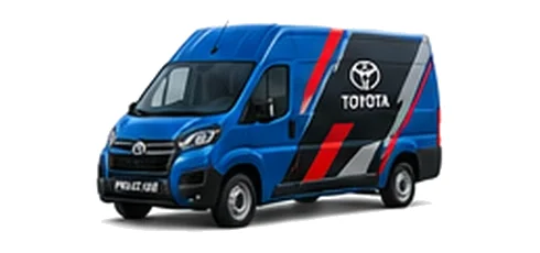 Toyota Proace Max in blue with custom van vinyl graphics, front three-quarter view.