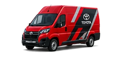 Toyota Proace Max in red with custom van vinyl graphics, front three-quarter view.