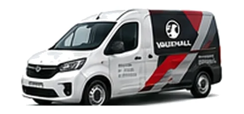 Vauxhall Combo Electric in white with custom van vinyl graphics, front three-quarter view.