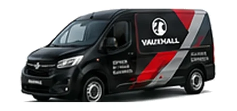 Vauxhall Combo Electric in black with custom van vinyl graphics, front three-quarter view.