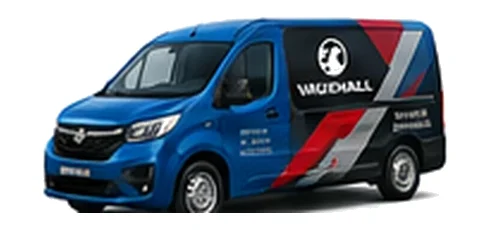 Vauxhall Combo Electric in blue with custom van vinyl graphics, front three-quarter view.