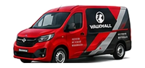 Vauxhall Combo Electric in red with custom van vinyl graphics, front three-quarter view.