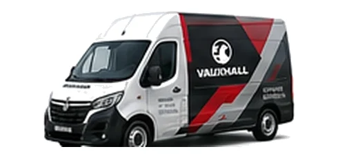 Vauxhall Movano in white with custom van vinyl graphics, front three-quarter view.