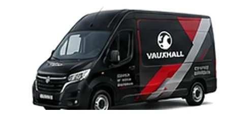 Vauxhall Movano in black with custom van vinyl graphics, front three-quarter view.