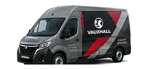 Vauxhall Movano in grey with custom van vinyl graphics, front three-quarter view.