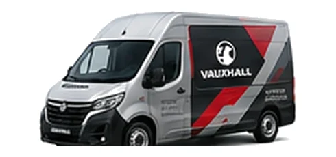 Vauxhall Movano in silver with custom van vinyl graphics, front three-quarter view.