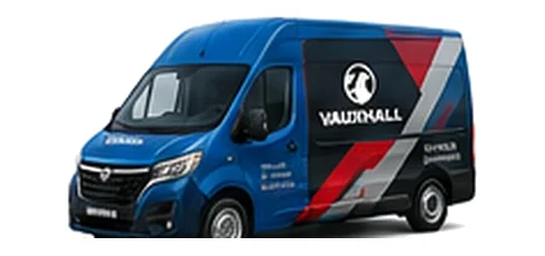 Vauxhall Movano in blue with custom van vinyl graphics, front three-quarter view.