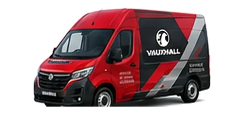 Vauxhall Movano in red with custom van vinyl graphics, front three-quarter view.