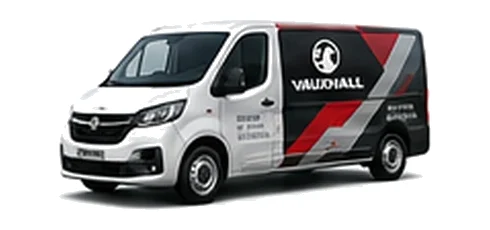 Vauxhall Vivaro in white with custom van vinyl graphics, front three-quarter view.