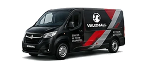 Vauxhall Vivaro in black with custom van vinyl graphics, front three-quarter view.