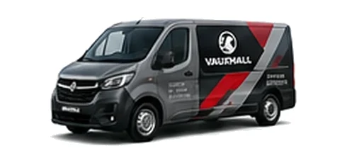 Vauxhall Vivaro in grey with custom van vinyl graphics, front three-quarter view.