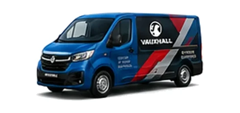 Vauxhall Vivaro in blue with custom van vinyl graphics, front three-quarter view.