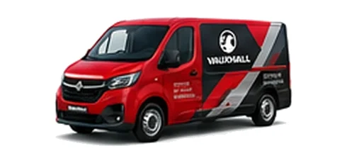 Vauxhall Vivaro in red with custom van vinyl graphics, front three-quarter view.
