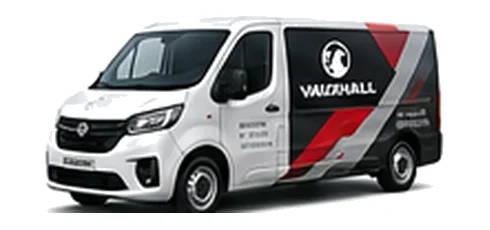 Vauxhall Vivaro Electric in white with custom van vinyl graphics, front three-quarter view.