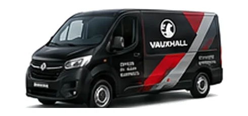 Vauxhall Vivaro Electric in black with custom van vinyl graphics, front three-quarter view.