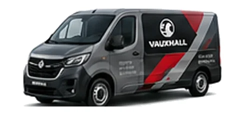 Vauxhall Vivaro Electric in grey with custom van vinyl graphics, front three-quarter view.