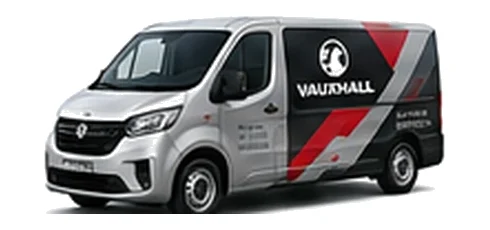 Vauxhall Vivaro Electric in silver with custom van vinyl graphics, front three-quarter view.