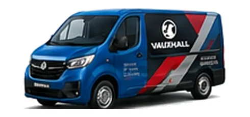 Vauxhall Vivaro Electric in blue with custom van vinyl graphics, front three-quarter view.